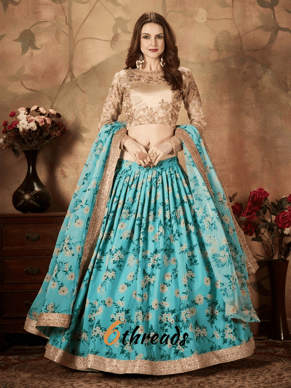 Ivory Floral Lehenga Choli with Golden Embroidered Blouse